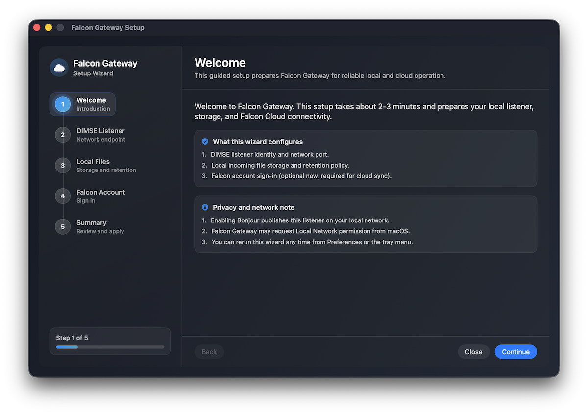 Falcon Gateway setup wizard welcome screen